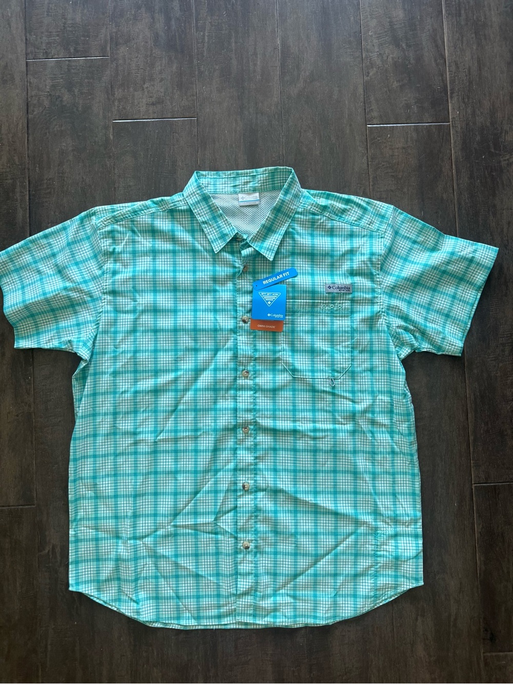 Columbia PFG Harbor Peak NWT Plaid Short Sleeve Button Up Fishing Shirt XL Aqua